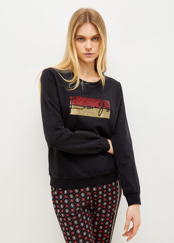 Black Women's Liu Jo With Logo And Sequins Sweatshirts | YZB-369507