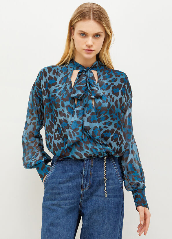 Blue Women's Liu Jo Animal-Print Chiffon Blouse Shirts | GOL-905178