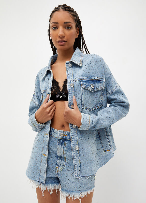 Blue Women's Liu Jo Denim With Rhinestones Jackets | UGY-095326