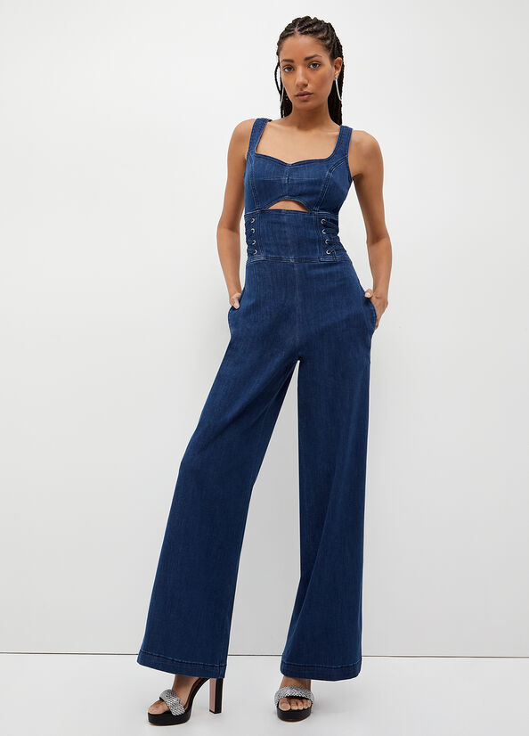 Blue Women's Liu Jo Stretch Denim Jumpsuit Straight-Fit Jeans | XZI-584270