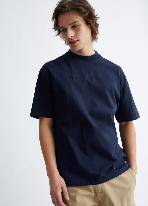 Dark Blue Men's Liu Jo With Embossed Logo T Shirts | IZR-853127