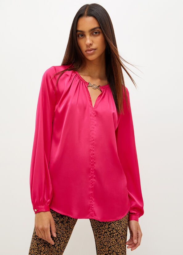 Fuchsia Women's Liu Jo Satin Blouse With Jewel Logo Shirts | QHO-908361