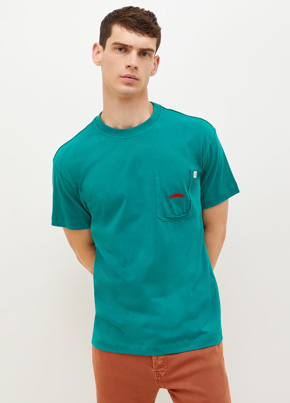 Green Men's Liu Jo With Print On The Back T Shirts | JKS-592761