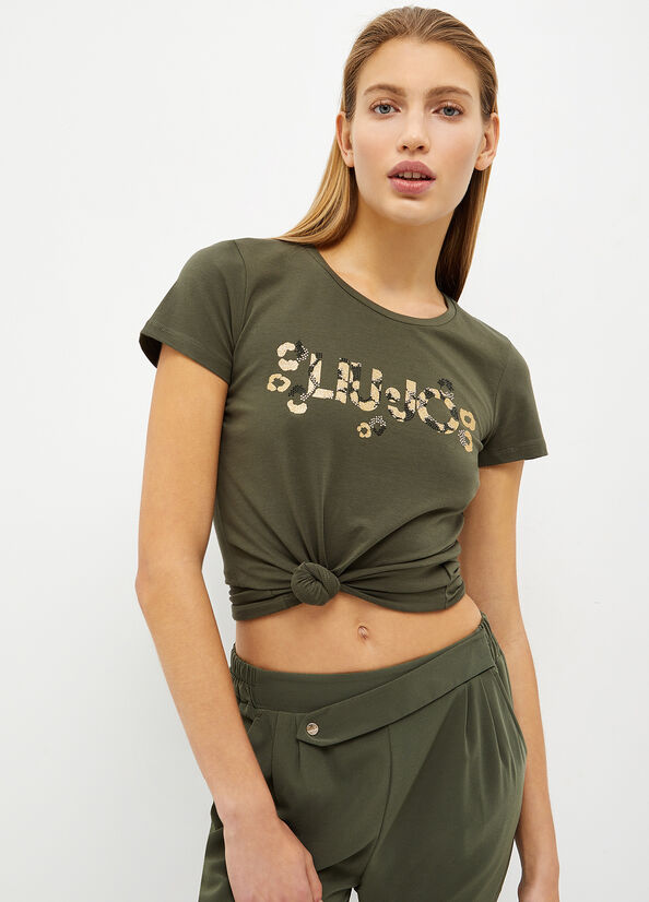 Olive Women's Liu Jo With Logo And Gemstones T Shirts | RJA-809145