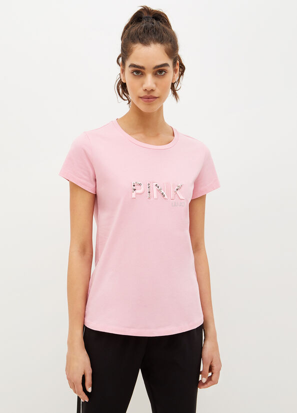 Pink Women's Liu Jo Eco-Friendly With Gemstones T Shirts | KBI-267591