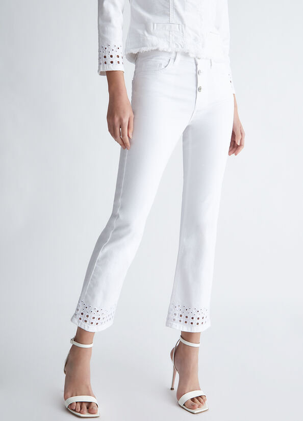 White Women's Liu Jo Bottom Up With Embroidery Pants | UAE-820951