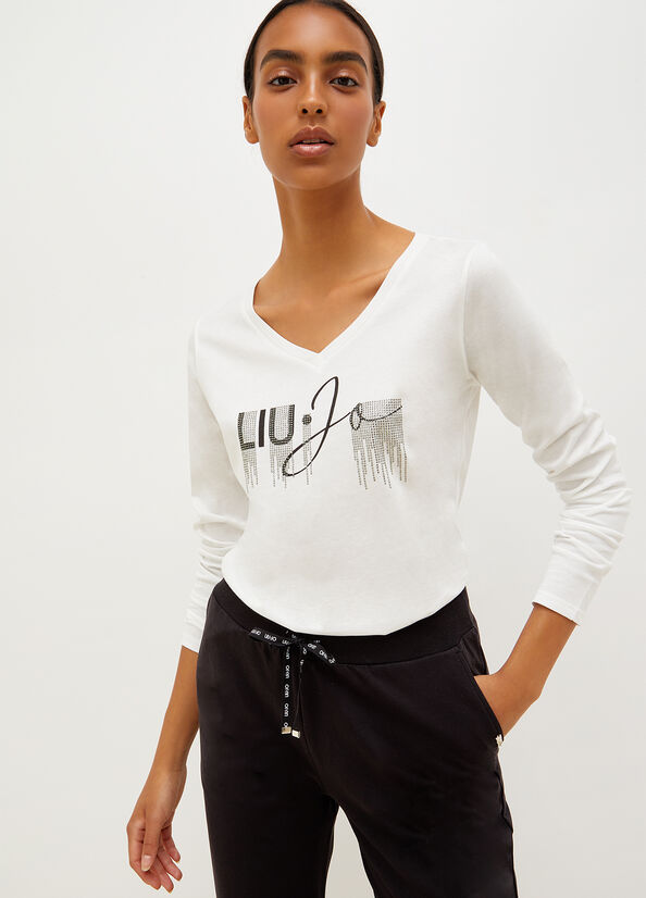 White Women's Liu Jo Eco-Friendly With Gemstones T Shirts | EQG-520871