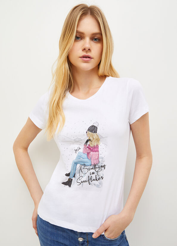 White Women's Liu Jo Eco-Friendly With Graphic Print T Shirts | OQN-860754