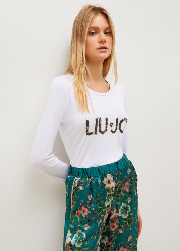 White Women's Liu Jo With Floral Logo T Shirts | ZWJ-472059