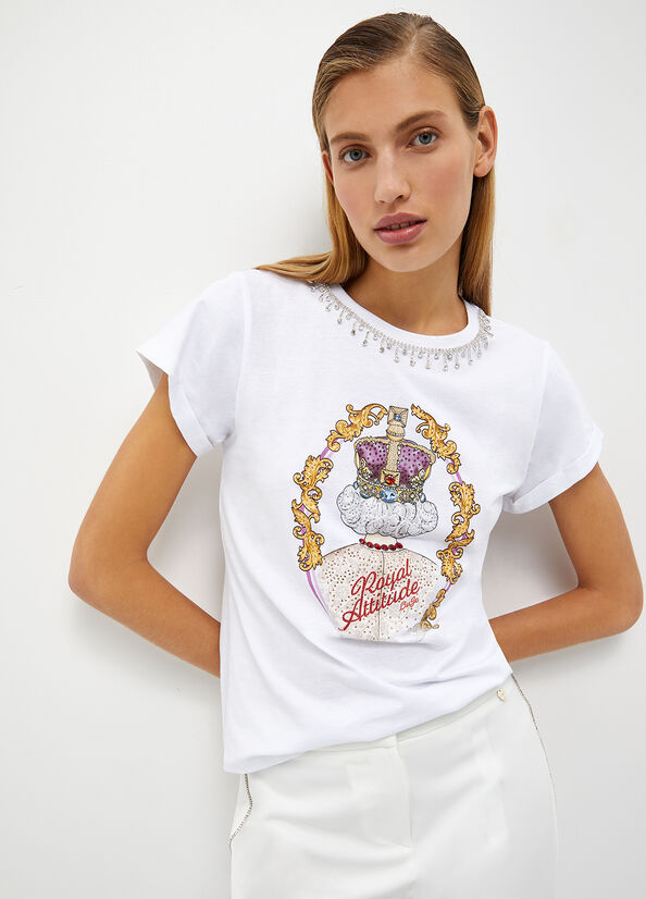 White Women's Liu Jo With Jewel Fringes T Shirts | GAF-628134