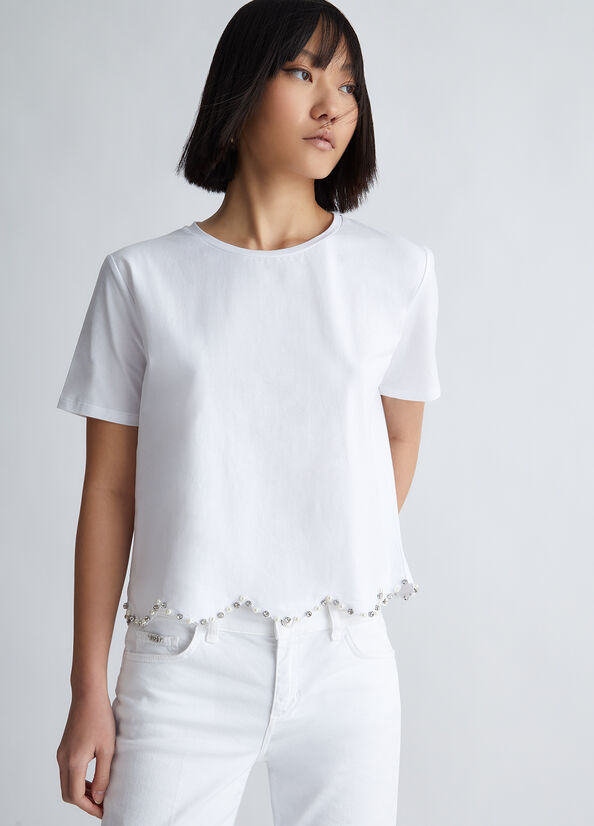 White Women's Liu Jo With Pearls And Rhinestones Tops | AQR-402163