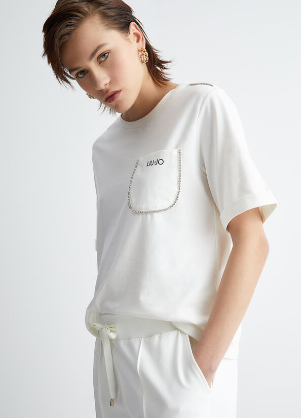 White Women's Liu Jo With Pocket And Rhinestones T Shirts | PNV-748529